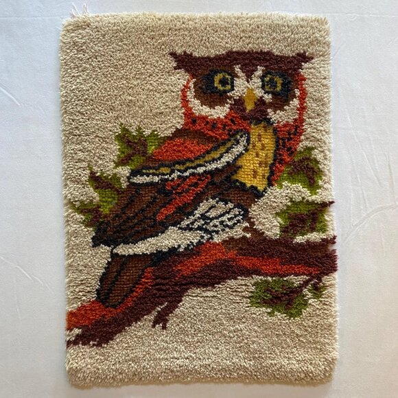 Owl Latch Hook Rug Home Decor Retro Decorative Handmade Vintage - Picture 1 of 5
